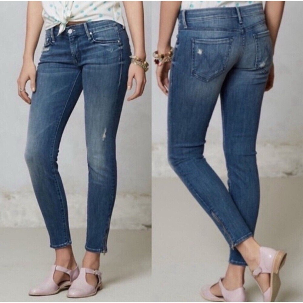 Mother The Looker Crop ankle zip jeans Graffiti Girl Skinny Denim Low Rise 28